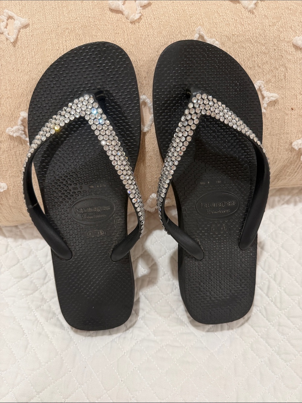 Havaianas Black Flip Flops with Clear Crystal-Embellished Straps